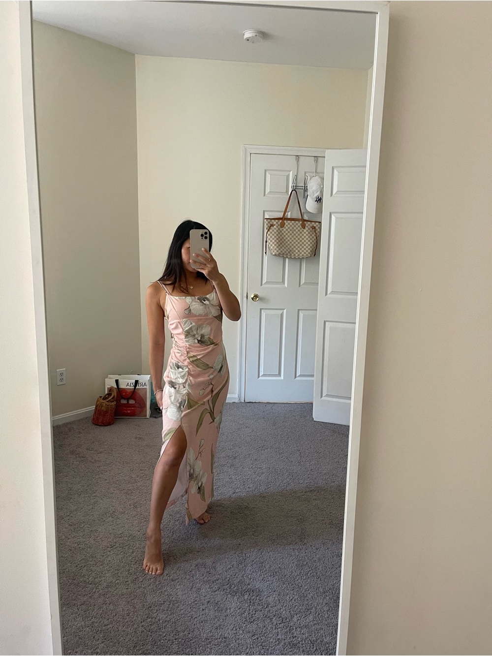 Zara Blush Pink Floral Midi Slip Dress with Side Slit